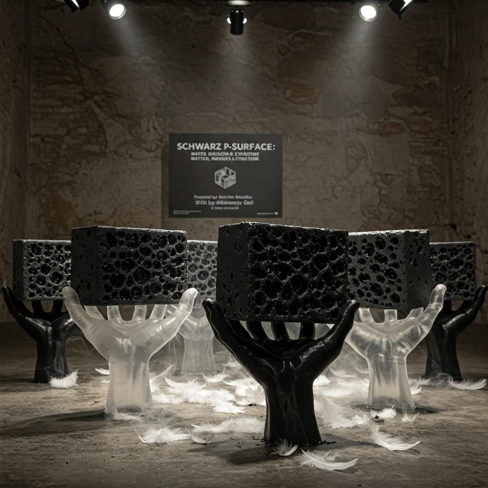 Schwarz P-Surface concrete blocks displayed on hand-shaped stands